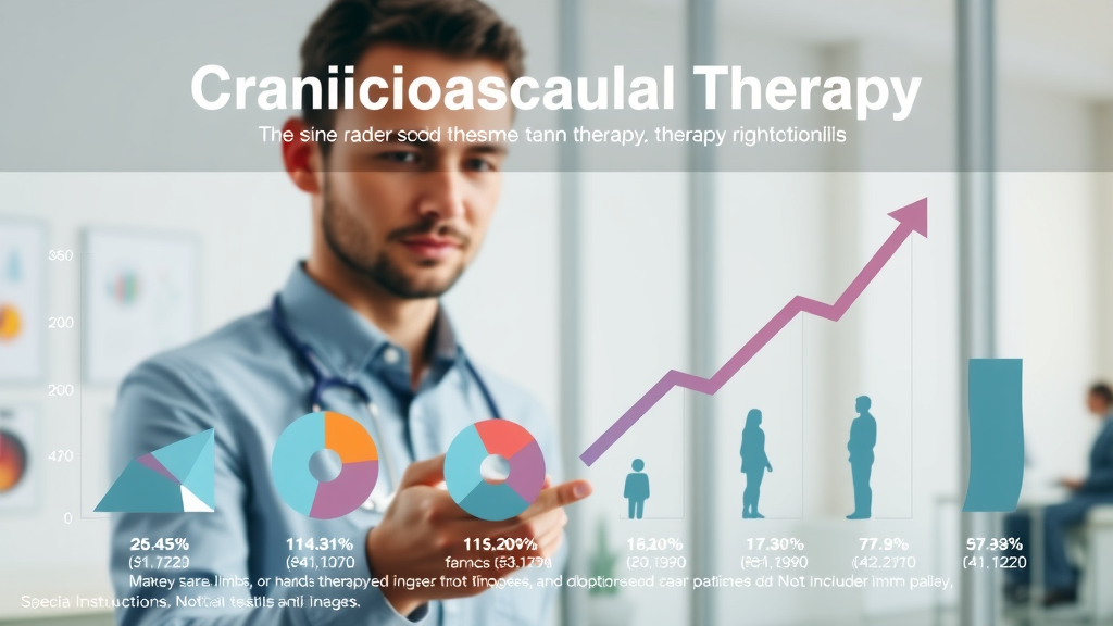 infographic showing craniosacral therapy statistics and rising adoption; craniosacral therapy statistics visualization in a modern clinic with charts, pie charts, and patient silhouettes