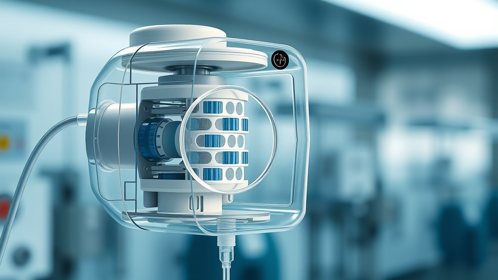 Curvilinear peristaltic design in ambulatory infusion pump cutaway, medical tech close-up