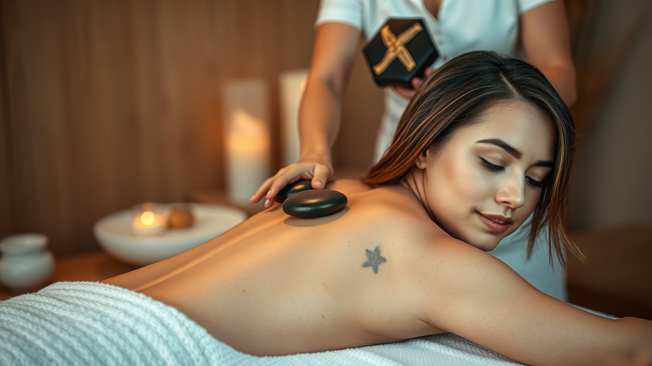 Therapist performing hot stone massage to display the benefits of massage therapy