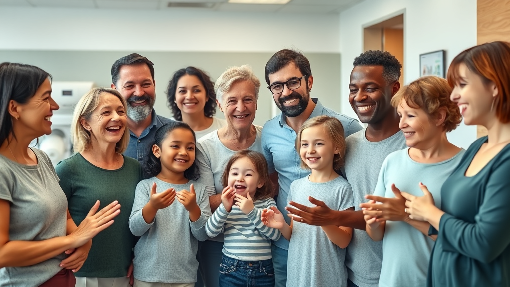 diverse group of adults and children smiling in modern wellness clinic, showcasing who can benefit from brainwave biofeedback