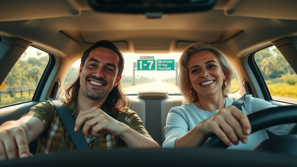 Cheerful couple driving to fertility clinic near Lakewood Ranch along scenic I-75 with an I-75 road sign and lush greenery