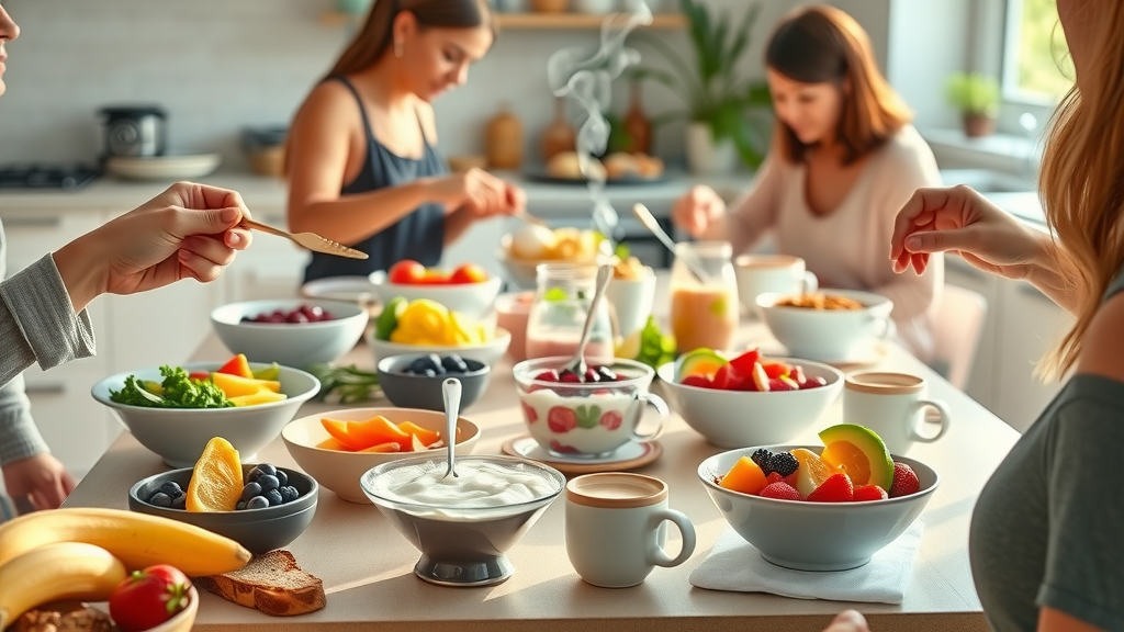 Healthy breakfast table with nutrient-rich meals, Greek yogurt parfaits, fruit, smoothie bowls, and toast for breaking your fast