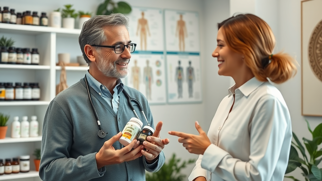 Naturopathic alternative medicine doctor advising patient with herbal supplements