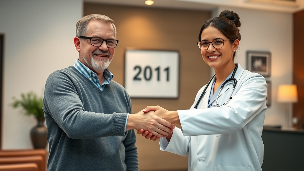 happy patient shaking hands with a concierge doctor after a medical visit, satisfied with primary care