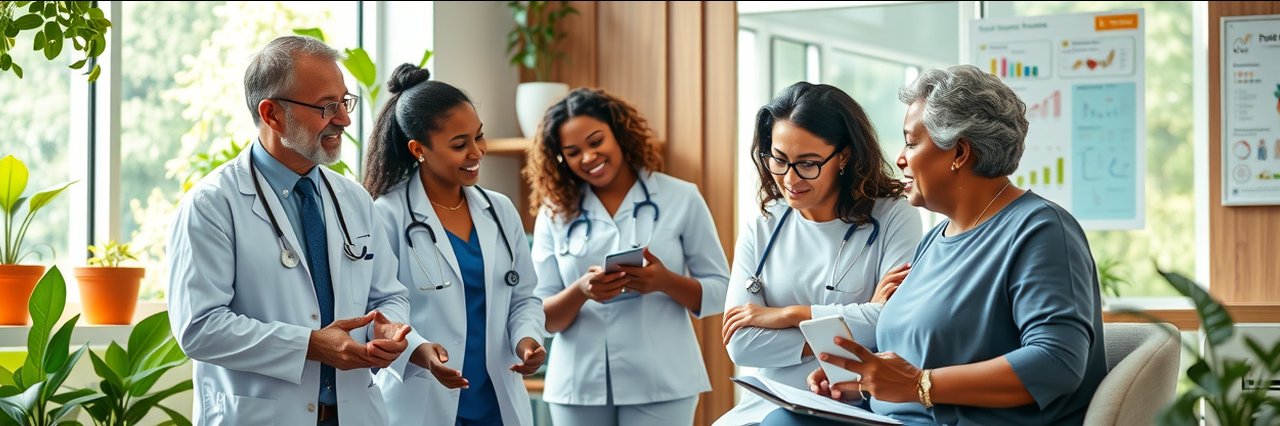 Diverse medical team providing comprehensive holistic healthcare in a sunny, modern office.