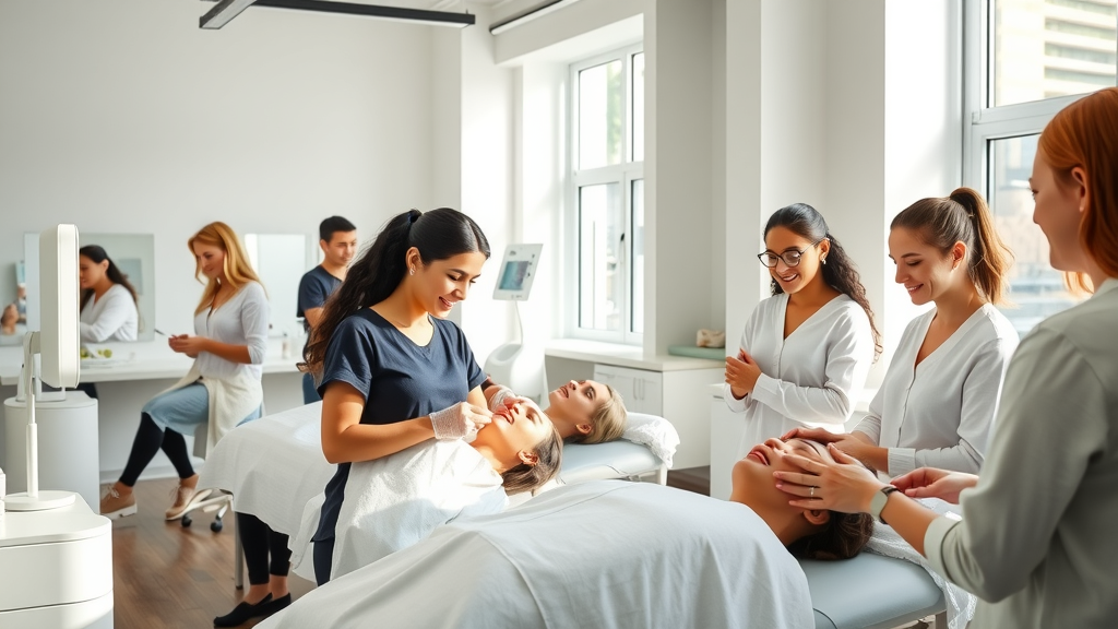 Diverse esthetician school students practicing skincare in modern classroom