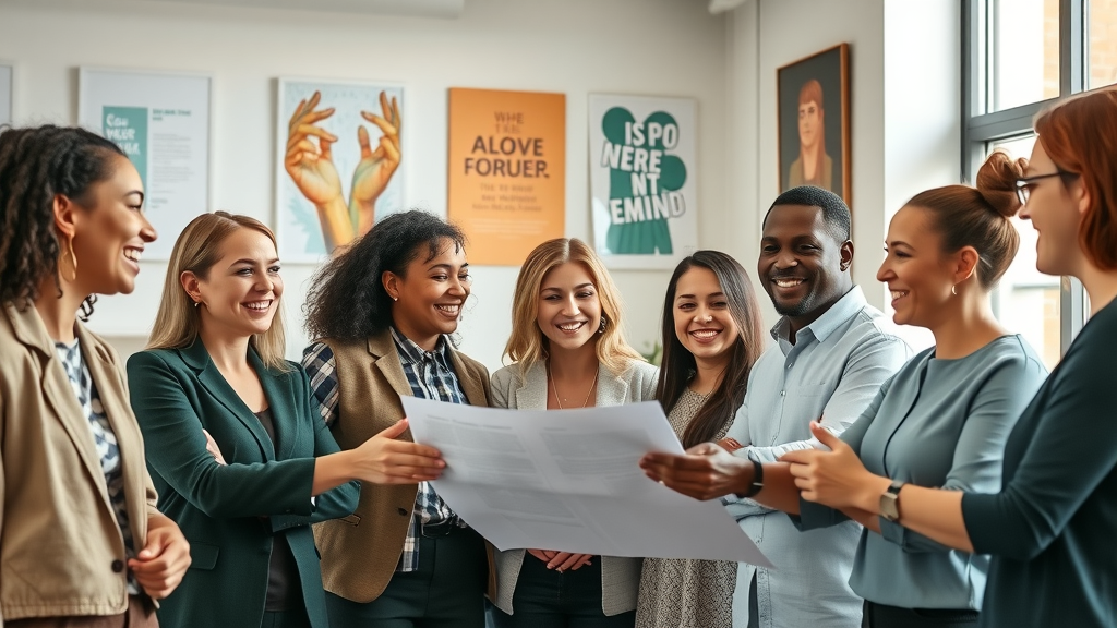 inspiring nonprofit office scene, staff management and organizational culture for nonprofit organizations, group of diverse professionals, collaborating in modern office, motivational posters, community artwork, teamwork, daylight, soft neutral colors, 35mm lens