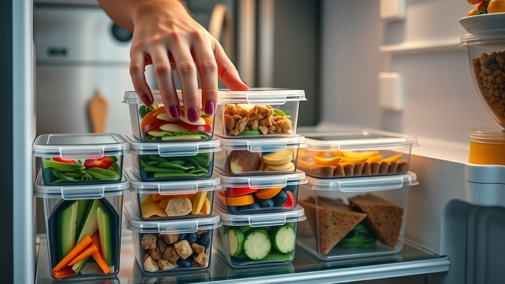 Healthy breakfast meal prep containers with colorful foods for breaking your fast in a modern kitchen