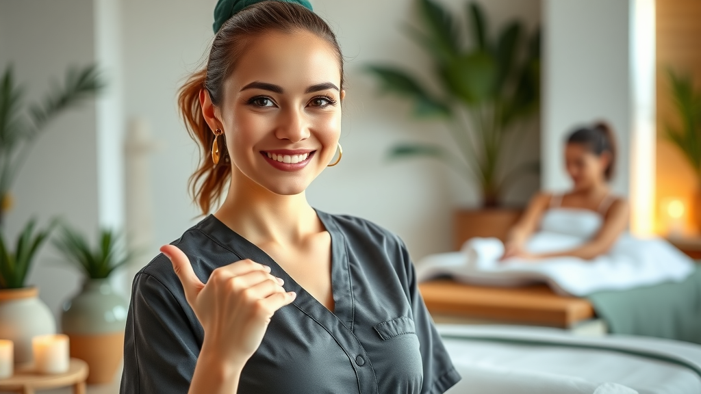 Confident massage therapist in stylish spa attire, welcoming gesture, modern spa setting – how to stand out as a massage therapist