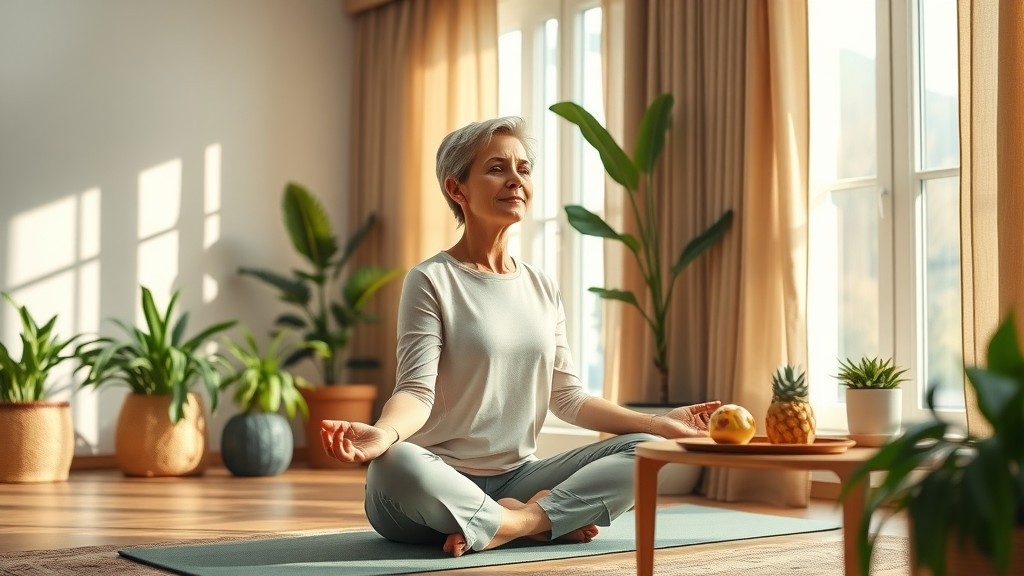 Woman meditating indoors, representing health essentials for wellness