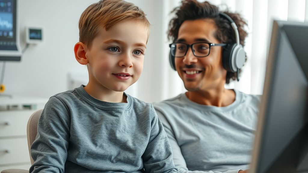 child and adult focused in neurofeedback session EEG device brainwave graphics - neurofeedback for ADHD