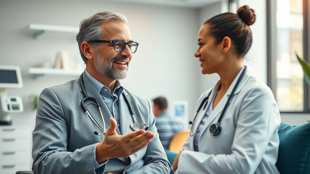 modern medical office, professional concierge doctor with a warm welcoming expression consulting with a patient, concierge medicine
