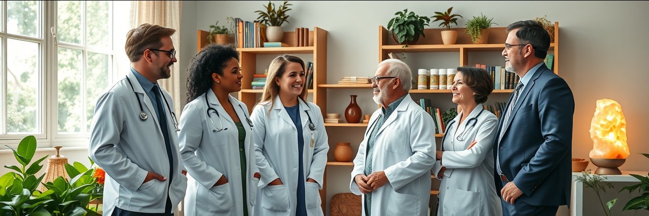 Alternative medicine doctors near me welcoming patient in cozy, sunlit clinic