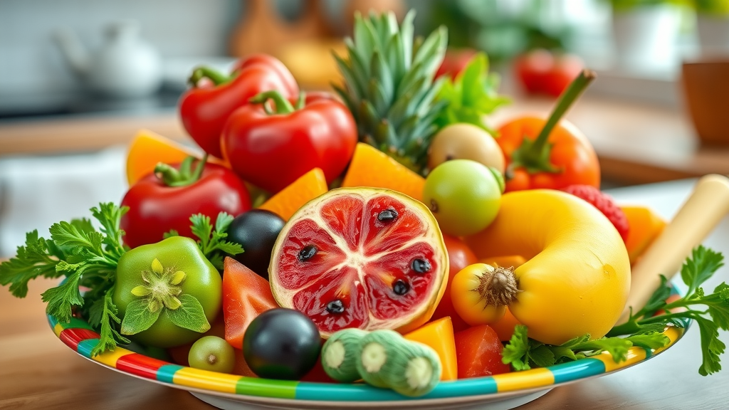 Inviting colorful plate of fresh fruits and vegetables illustrating nutrition in women