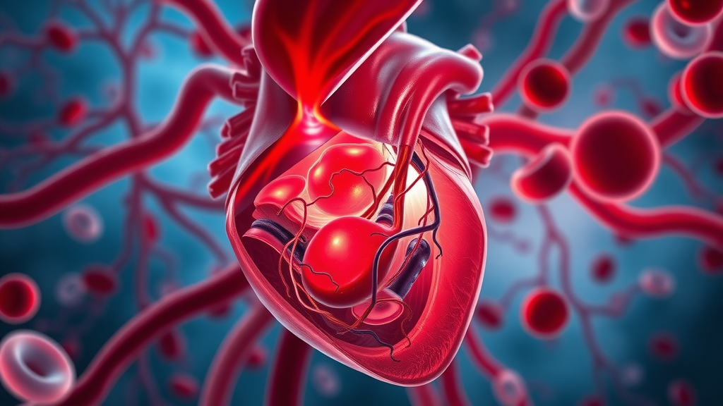 Vibrant cross-section of human heart pumping blood, determined expression, dynamic illustration showing active blood flow, Cinematic, background with transparent arteries and cells in motion, highly detailed, blood cells swirling, subtle blue and red tones, Soft glowing lighting, shot with a macro lens. Main keyword: blood flow circulation
