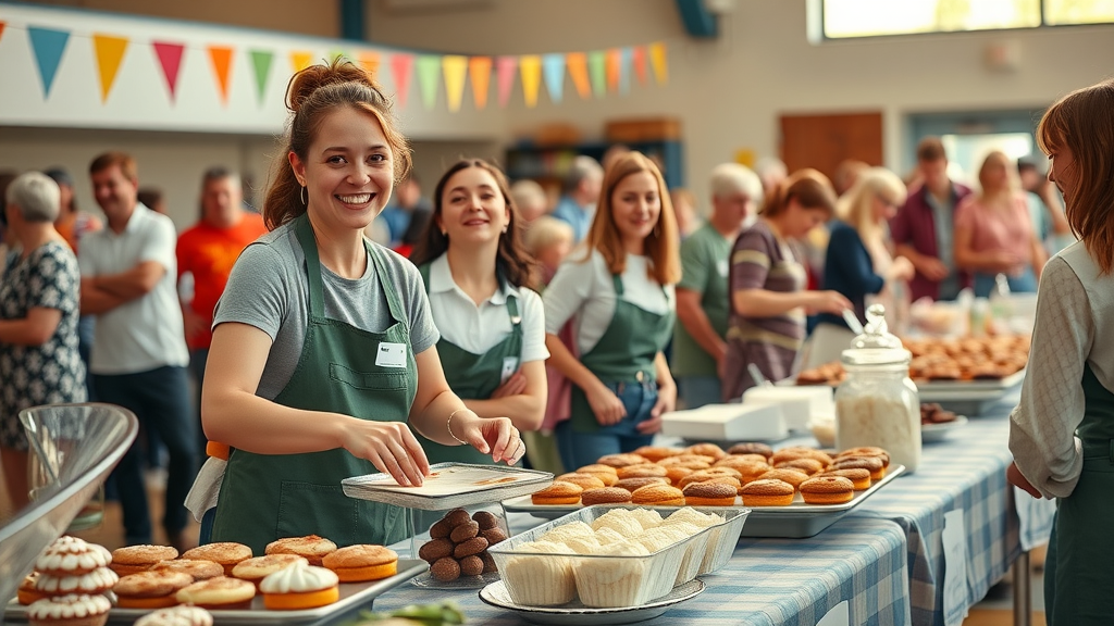 cheerful volunteers arranging artistic treats at a bake sale fundraising event for non profit organizations