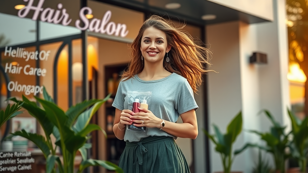 Satisfied client leaving modern Olongapo salon with hair care products, sunset lighting and tropical plants in the background