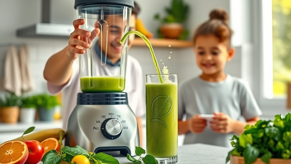 making smoothies at home pouring green smoothie from modern blender happy family enjoying healthy drink