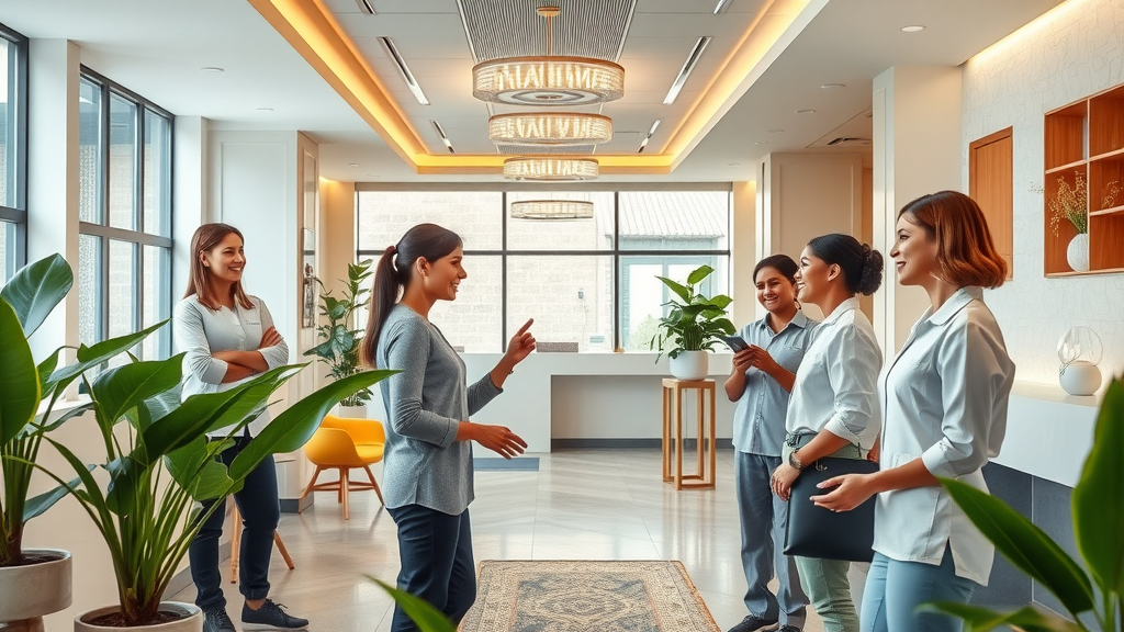 Vibrant modern spa business interior with professional staff engaging happy clients