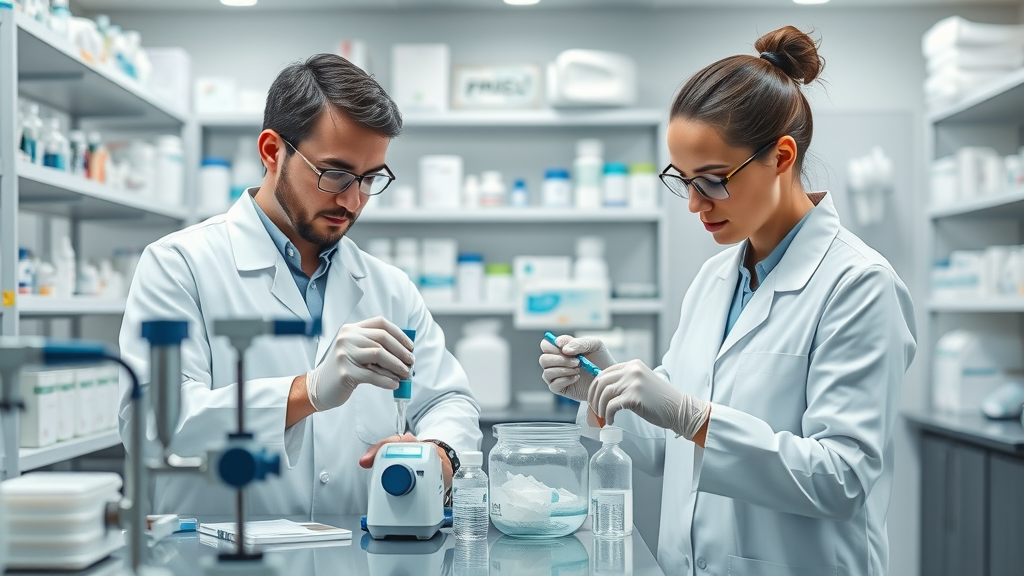 Pharmacists expertly compounding medication in a clean high-tech lab environment