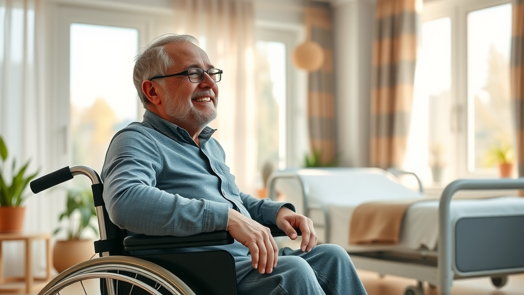 Middle-aged man using home medical equipment in a bright, comfortable living room