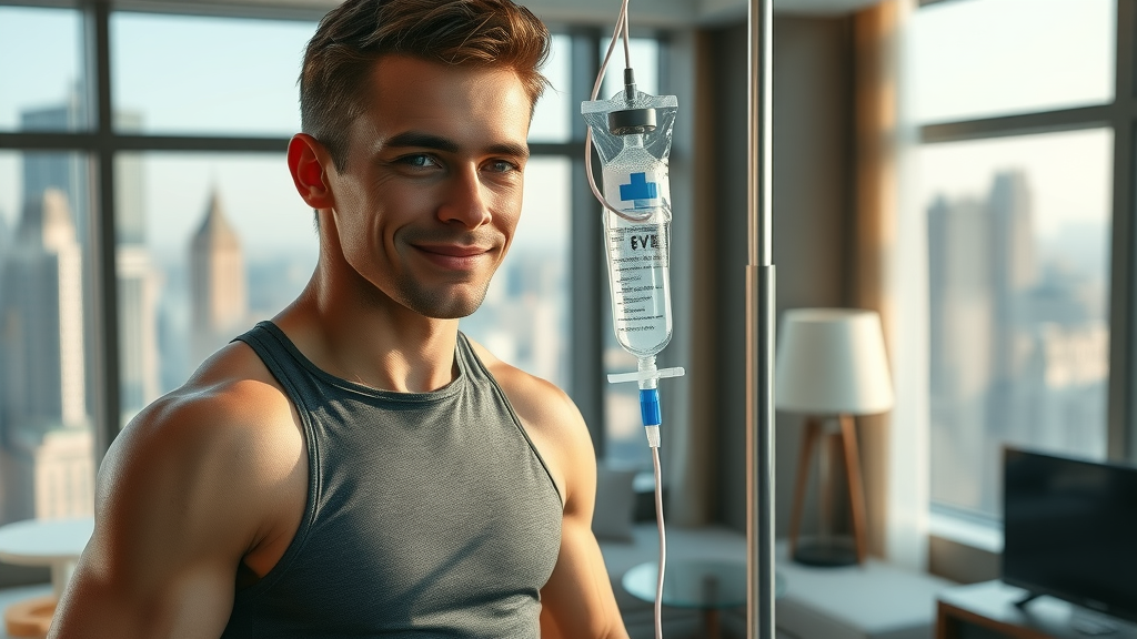 Athlete gets IV mobile hydration solution in upscale hotel for post-workout recovery