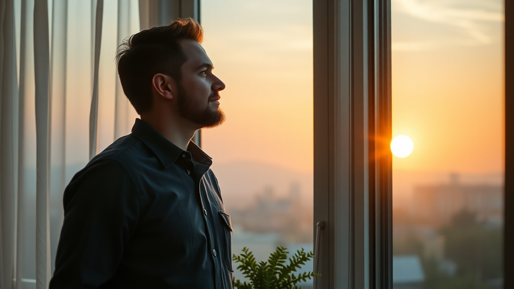 Man starting new day with hope, symbolizing positive mental health journey