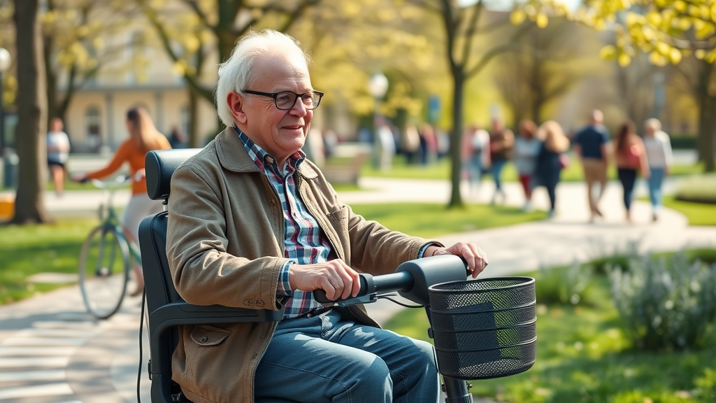 Older man using mobility scooter confidently with discreet incontinence supplies in park