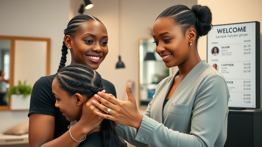Smiling client discussing hair braiding service pricing with friendly stylist in Olongapo, sample prices displayed, welcoming salon environment