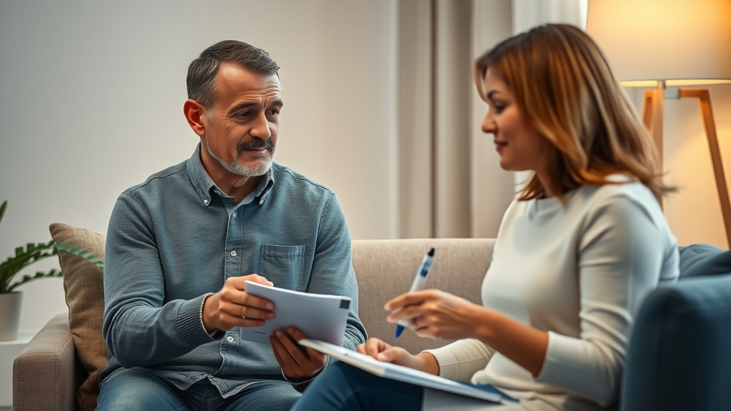 calm patient with therapist taking history before craniosacral therapy; health history notes, patient sitting upright in a private office with soft furnishings