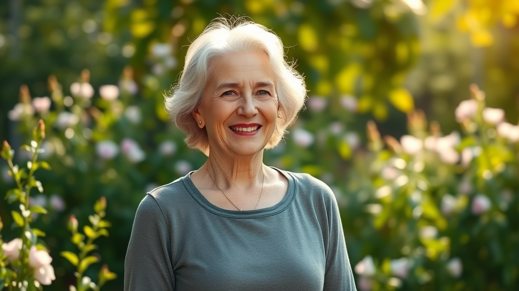 Inspiring mature woman smiling gently, exuding confidence in a sunlit garden representing women