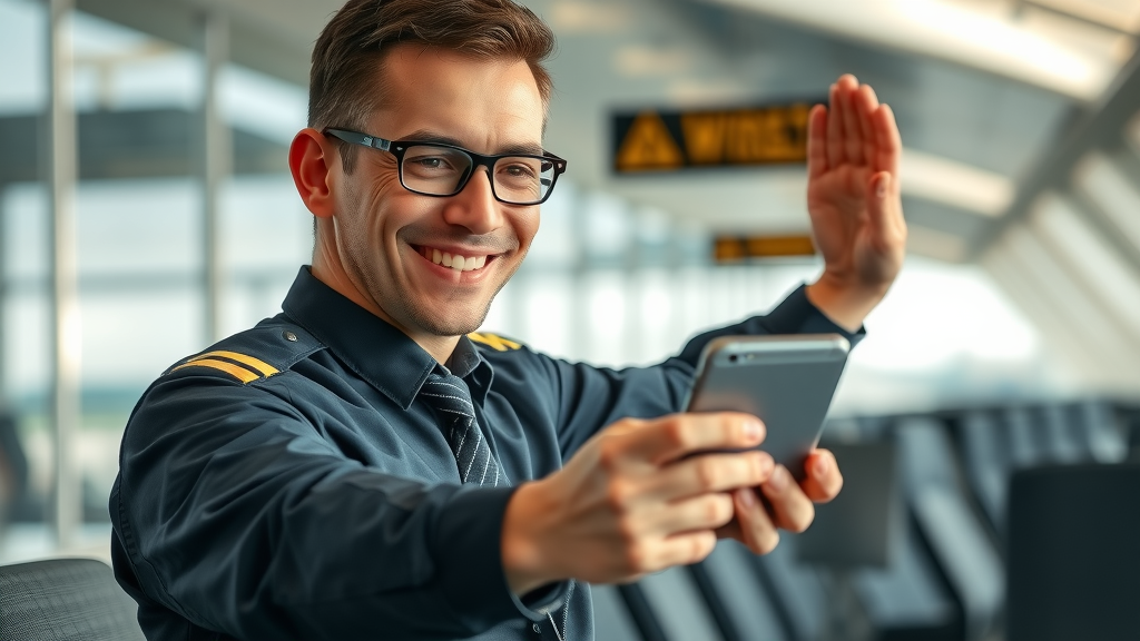 motivated airline pilot using fitness app stretching at airport, physical fitness to fly