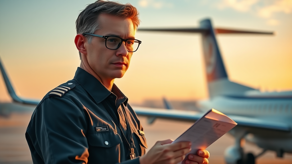 confident airline pilot checking pre-flight checklist, medical fitness to fly risk management