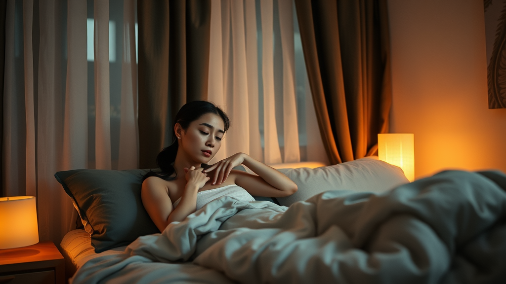 Peaceful bedroom with blackout curtains illustrating sleep quality and mental health in women