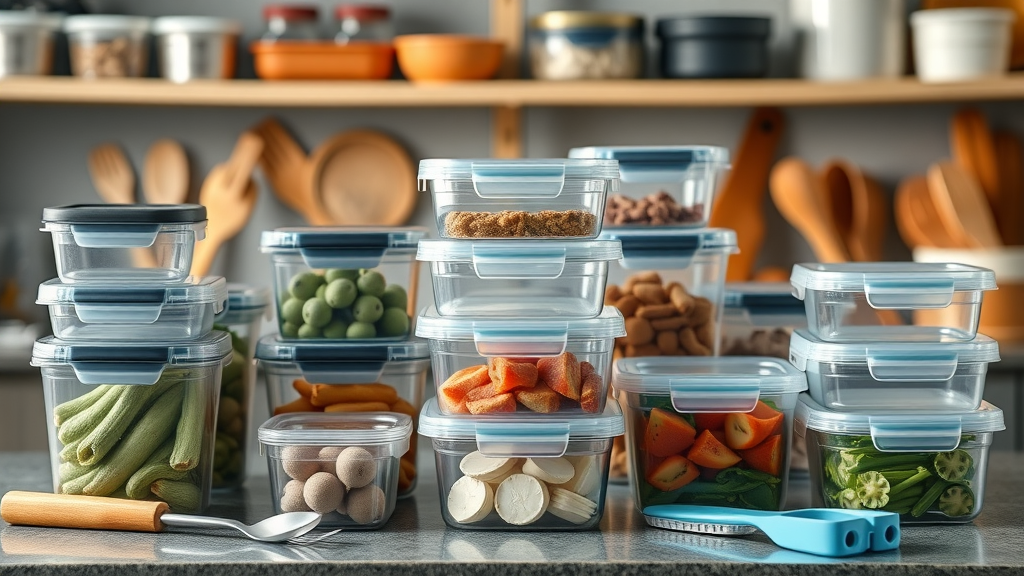 collection of modern meal prep containers and tools neatly displayed on a counter, glass and BPA-free plastic, product photography style