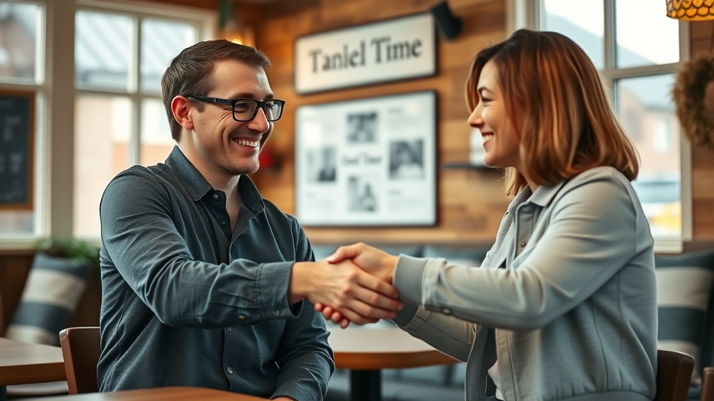 nonprofit leader and small business owner shaking hands at a local café discussing fundraising ideas