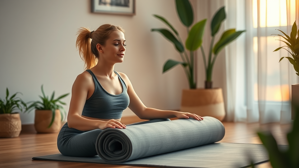 Peaceful morning yoga ritual, unrolling mat at sunrise, practicing yoga at home