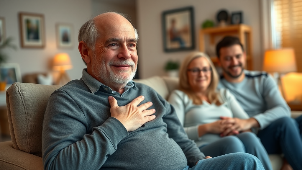 grateful functional medicine patient at home after overcoming chronic illness, surrounded by family