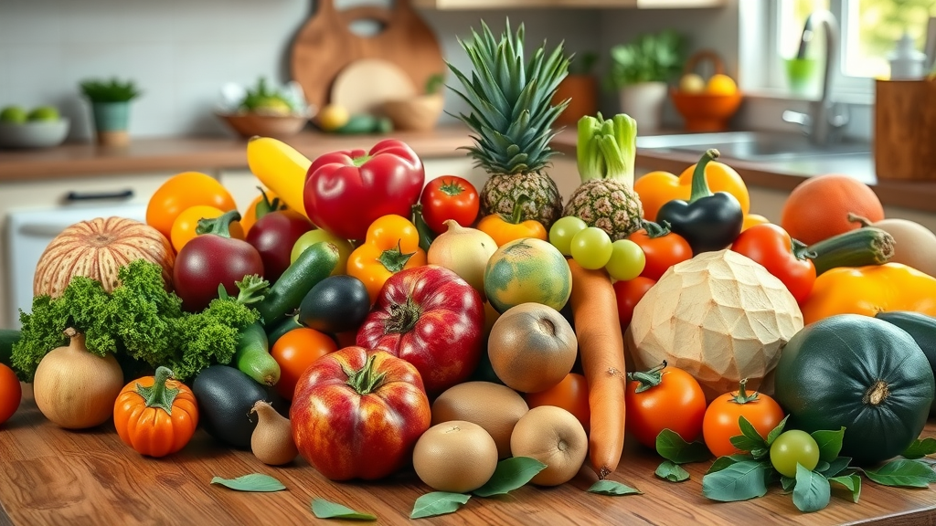 Holistic health wellness nutrition: colorful assortment of fruits and vegetables on kitchen table