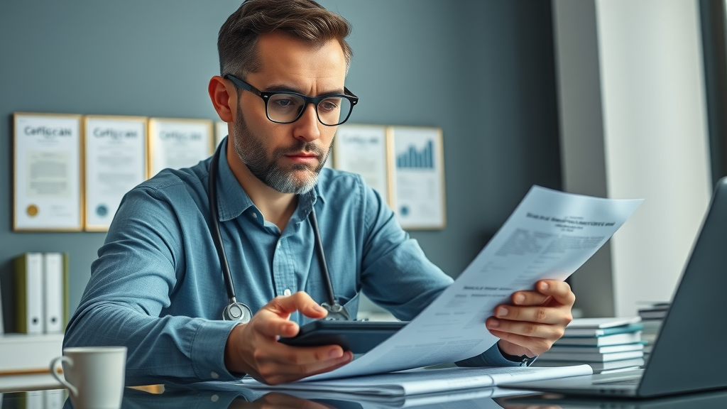 Therapist reviewing financial documents and calculating business expenses - small business finances for private practice