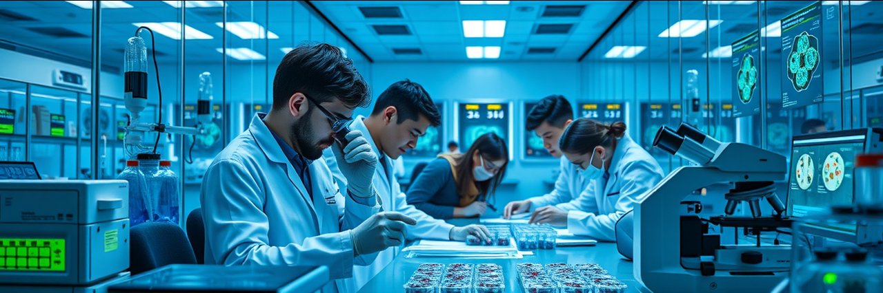 Scientists in modern lab researching regenerative medicine therapy, highly detailed.