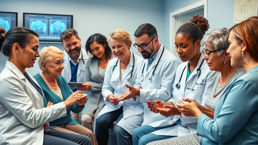 Multigenerational patients and audiologists at hearing center receiving expert care