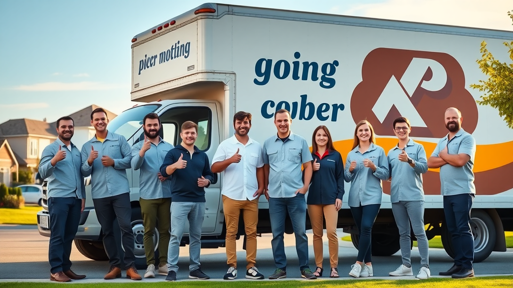 Cheerful moving company team by branded truck ready for your local move service