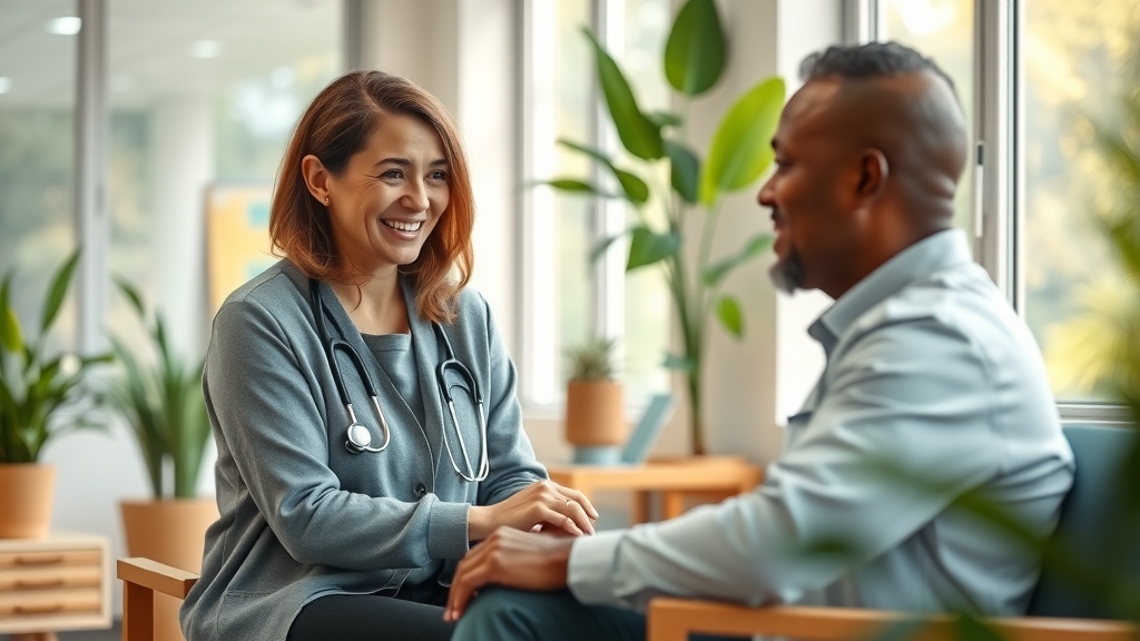 Holistic primary care physician and patient discussing health in a serene office