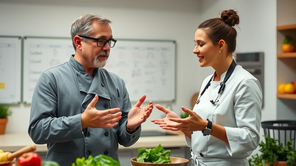 professional chef and nutritionist advising a home cook on healthy meal prepping, teaching kitchen with fresh ingredients