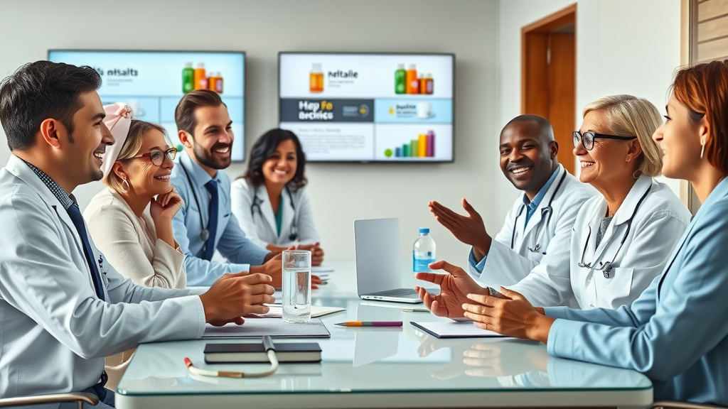 diverse medical professionals discussing business strategy in contemporary office with health supplement branding on screens, health supplement business overview