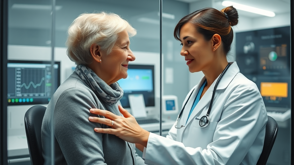 Audiologist conducting thorough hearing test at hearing center for senior woman
