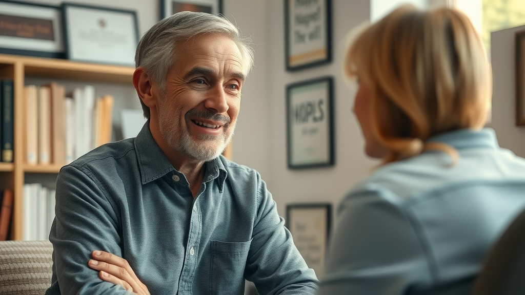 Compassionate counselor helps client struggling with substance in warm office.