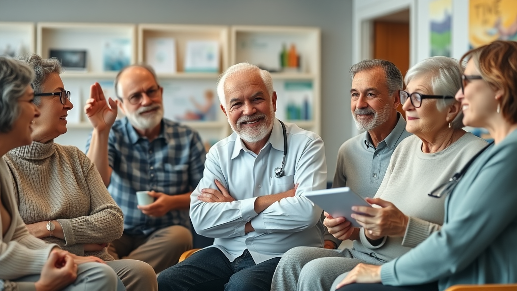 Diverse group discussing concierge medicine options, modern waiting room, caring healthcare consultation