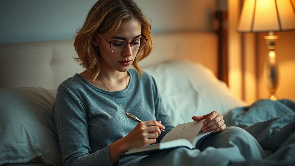 Thoughtful woman journaling before bed to improve sleep
